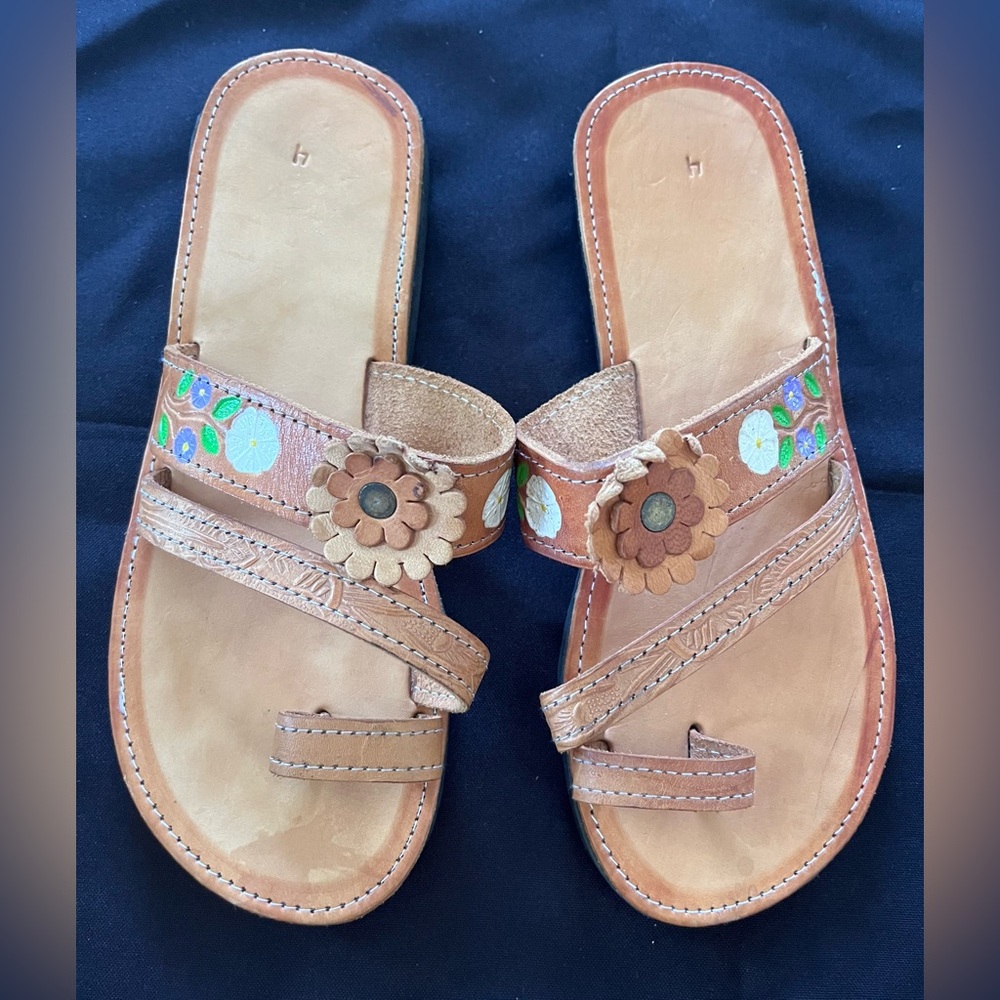 Floral Embellished Tan Leather Sandals